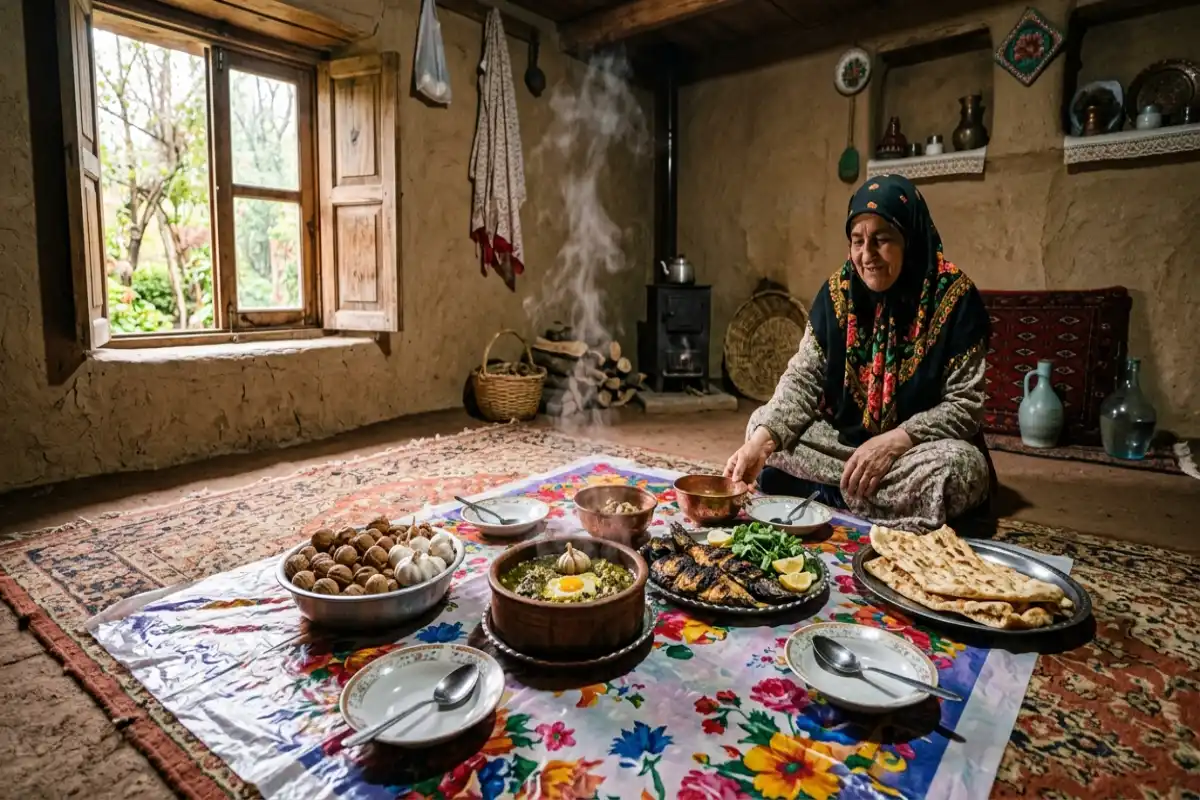 سفره سنتی غذای محلی در یک خانه روستایی در تالش