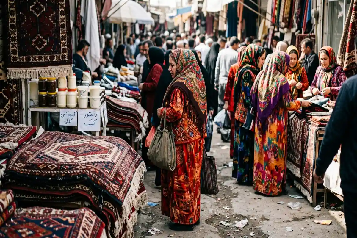 زنان ترکمن در بازار پنجشنبه آق قلا با لباس های سنتی رنگارنگ