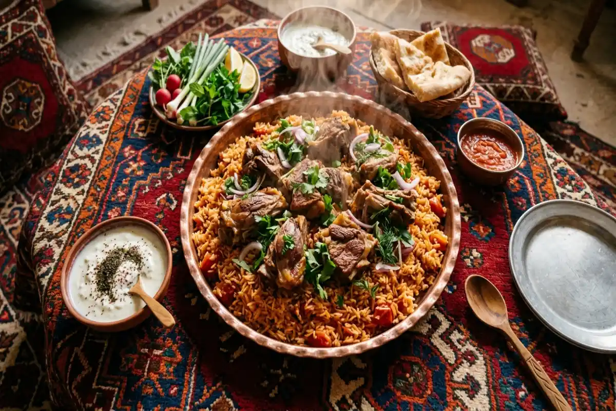 غذای محلی چکدرمه در سینی مسی روی سفره سنتی ترکمنی